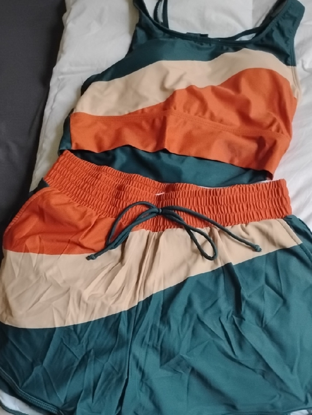 Two-Piece Striped Tank & Shorts Set in Teal, Rust & Cream